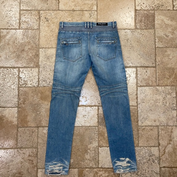 Balmain OG Distressed Moto Light Wash Blue Denim Jeans - Picture 11 of 14
